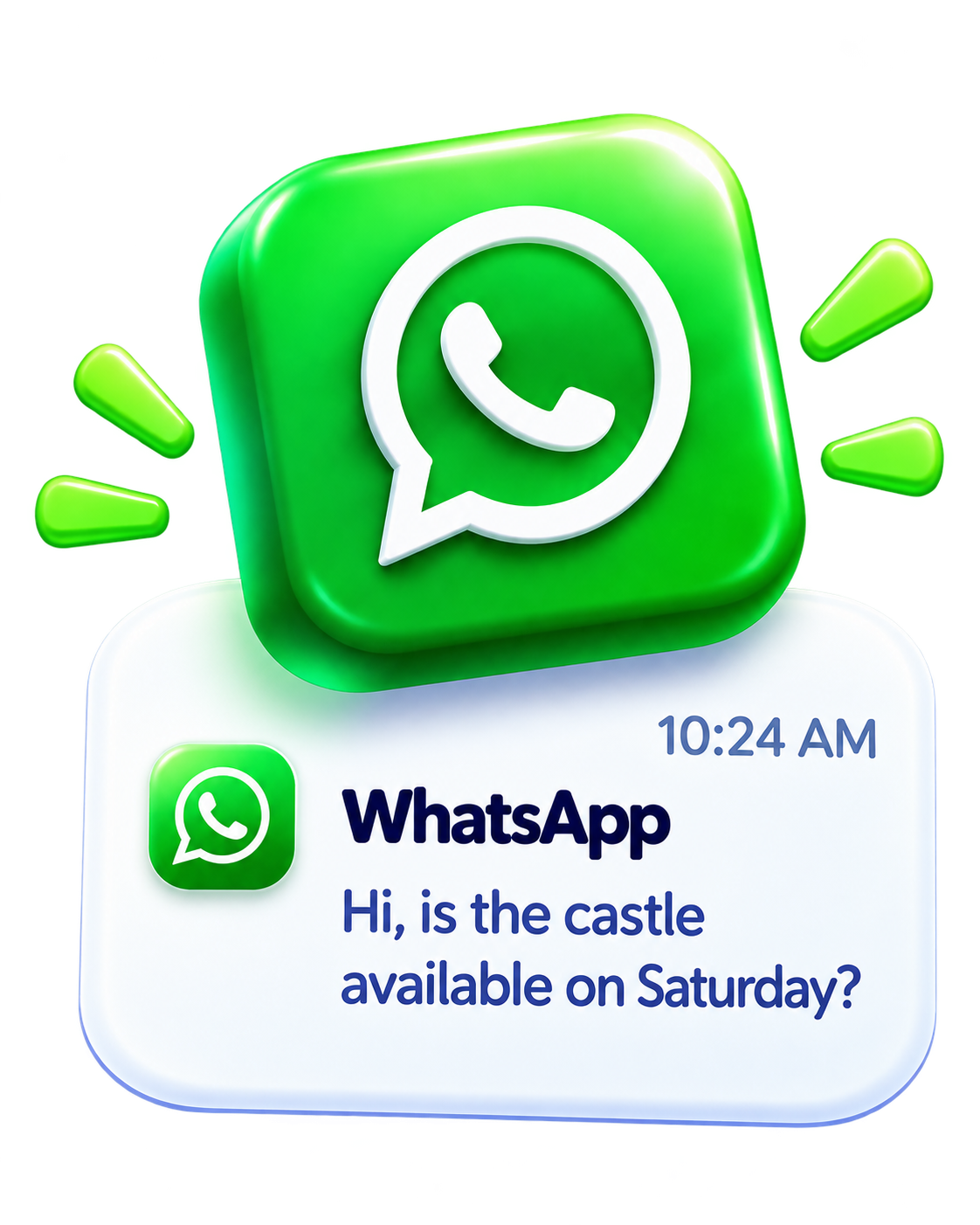 WhatsApp enquiry at 10:24 AM: Hi, is the castle available on Saturday?